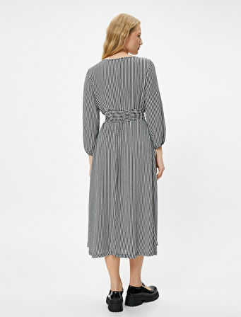 Kışlık Elbise Maksi Boy Uzun Kollu Yuvarlak Yaka Gipe Detaylı Kazayağı Desenli