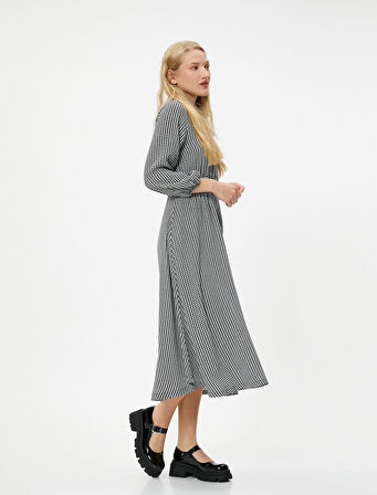 Kışlık Elbise Maksi Boy Uzun Kollu Yuvarlak Yaka Gipe Detaylı Kazayağı Desenli