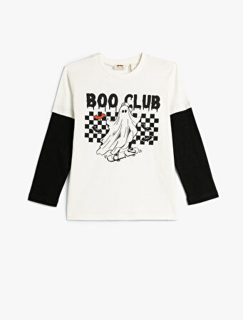 Tişört Uzun Kollu Bisiklet Yaka Hayalet Baskı Detaylı Pamuklu