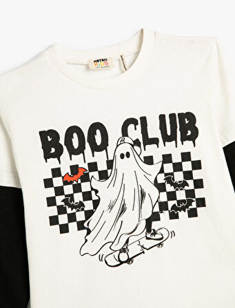 Tişört Uzun Kollu Bisiklet Yaka Hayalet Baskı Detaylı Pamuklu