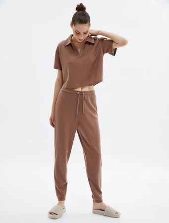 Crop Pijama Üstü Polo Yaka Dokulu Kısa Kollu