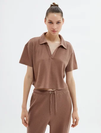 Crop Pijama Üstü Polo Yaka Dokulu Kısa Kollu