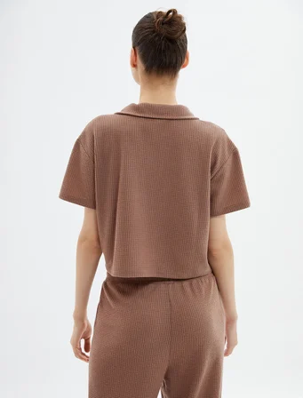 Crop Pijama Üstü Polo Yaka Dokulu Kısa Kollu