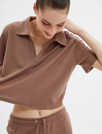 Crop Pijama Üstü Polo Yaka Dokulu Kısa Kollu