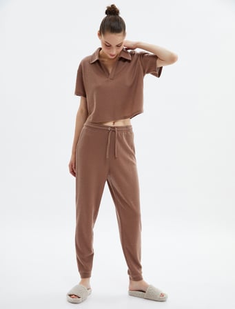 Crop Pijama Üstü Polo Yaka Dokulu Kısa Kollu