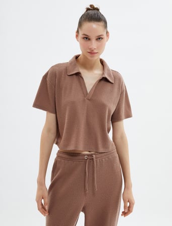 Crop Pijama Üstü Polo Yaka Dokulu Kısa Kollu