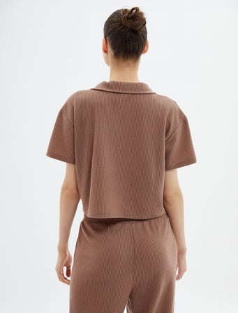 Crop Pijama Üstü Polo Yaka Dokulu Kısa Kollu