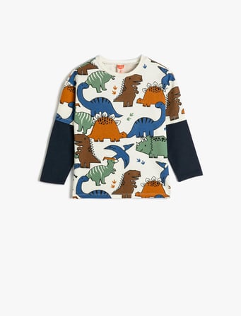 dinozorlu sweatshirt bisiklet yaka uzun kollu renk bloklu pamuklu