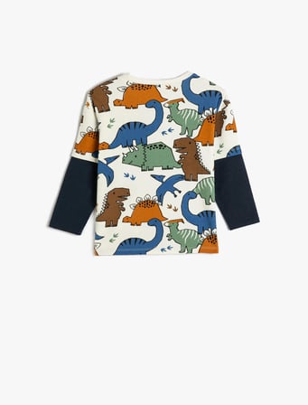 dinozorlu sweatshirt bisiklet yaka uzun kollu renk bloklu pamuklu