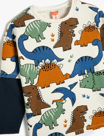 dinozorlu sweatshirt bisiklet yaka uzun kollu renk bloklu pamuklu