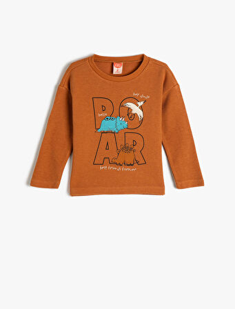 Sweatshirt Dinozor Baskılı Bisiklet Yaka Uzun Kollu Dokulu Pamuklu