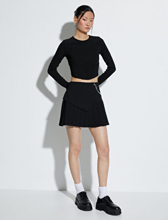 Crop Tişört Uzun Kollu Korse Detaylı Bisiklet Yaka