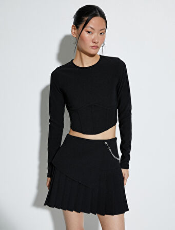 Crop Tişört Uzun Kollu Korse Detaylı Bisiklet Yaka