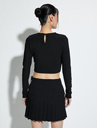 Crop Tişört Uzun Kollu Korse Detaylı Bisiklet Yaka