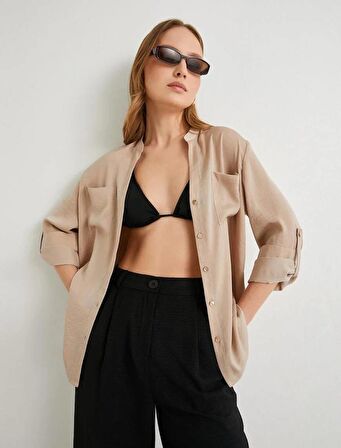 4SAK60004PW Koton Kadın Uzun Kol Gömlek BEJ