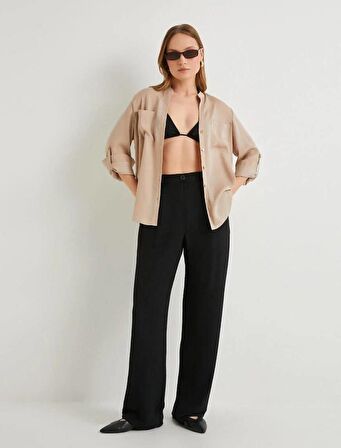 4SAK60004PW Koton Kadın Uzun Kol Gömlek BEJ