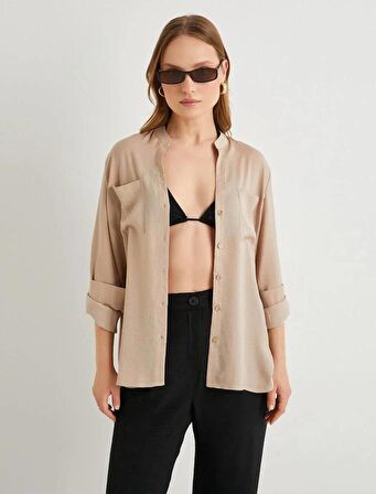 4SAK60004PW Koton Kadın Uzun Kol Gömlek BEJ