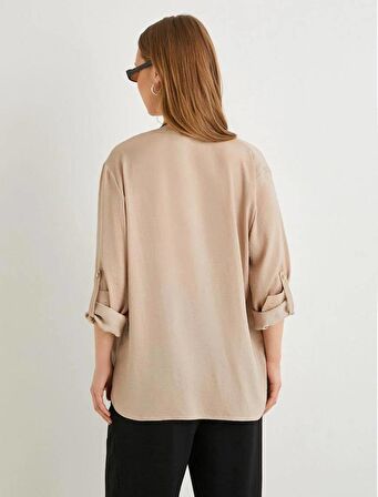 4SAK60004PW Koton Kadın Uzun Kol Gömlek BEJ