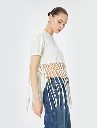 Püsküllü Crop Tişört Kısa Kollu Bisiklet Yaka Pamuklu Rahat Kalıp