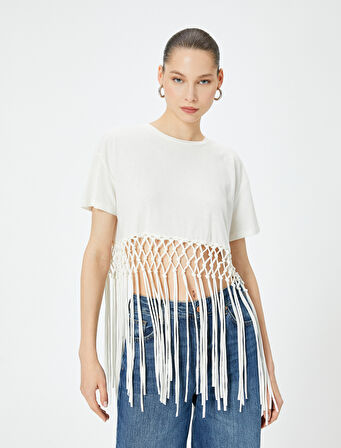 Püsküllü Crop Tişört Kısa Kollu Bisiklet Yaka Pamuklu Rahat Kalıp