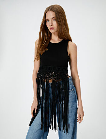 Uzun Püsküllü Üst Kolsuz Slim Fit Pamuklu