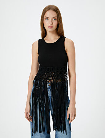 Uzun Püsküllü Üst Kolsuz Slim Fit Pamuklu