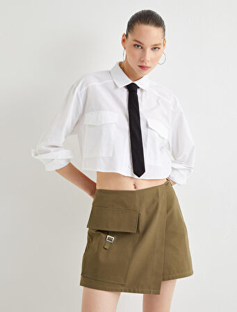 Kargo Şort Etek Kruvaze Kemer Detaylı Cepli Slim Fit