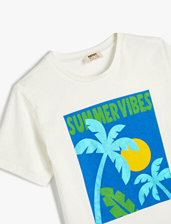 Tişört Palmiye Baskılı Kısa Kollu Bisiklet Yaka Pamuklu