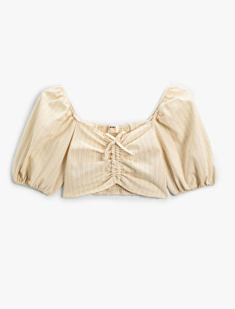 Crop Bluz Fiyonklu Balon Kollu Büzgü Detaylı