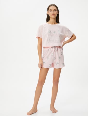 Şortlu Pijama Takımı Kısa Kollu Yoga Baskılı Pamuklu