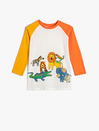 Hayvanlar Baskılı Tişört Uzun Kollu Bisiklet Yaka 