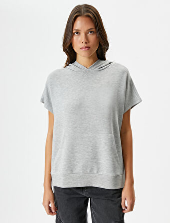 Kapşonlu Sweatshirt Kısa Kollu Kanguru Cepli Viskoz