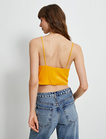 Crop Saten Bluz İnce Askılı Degaje Yaka