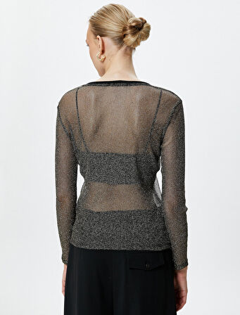 Transparan Tişört Simli Uzun Kollu Bisiklet Yaka