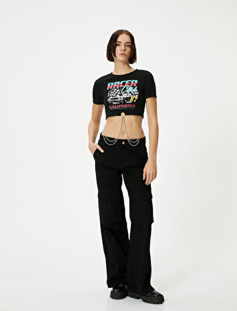 Crop Tişört Zincir Detaylı Baskılı Kısa Kollu Bisiklet Yaka 