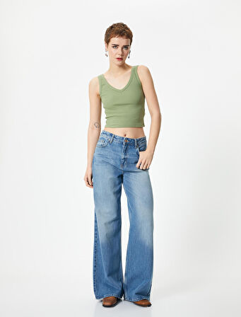 Crop V Yaka Atlet Pamuklu Ribanalı Slim Fit