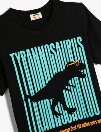 Dinozorlu Tişört Kısa Kollu Bisiklet Yaka Pamuklu 