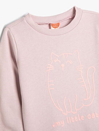 Sweatshirt Kedi Baskılı Uzun Kollu Bisiklet Yaka Pamuklu