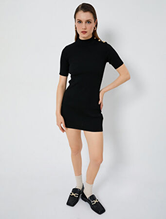 Mini Triko Elbise Fitilli Kısa Kollu Dik Yaka