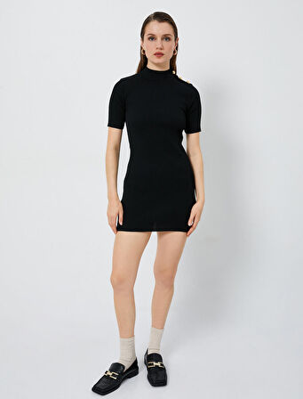 Mini Triko Elbise Fitilli Kısa Kollu Dik Yaka