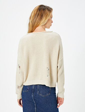 Örgü Kazak Ajurlu Uzun Kollu Düşük Omuzlu