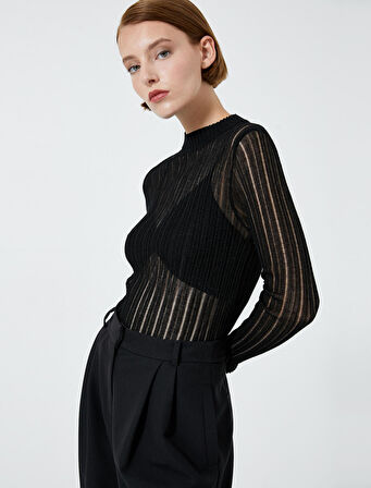 Bisiklet Yaka Kazak Uzun Kollu Transparan Viskon Karışımlı