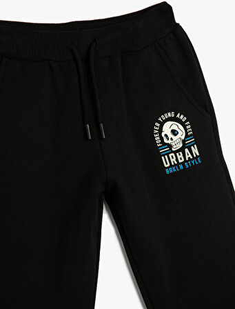 Jogger Eşofman Altı Cepli Beli Bağlamalı Kuru Kafa Baskılı Şardonlu