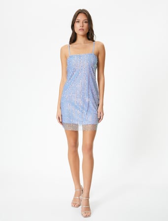 Pullu Payetli Mini Abiye Elbise İnce Askılı Slim Fit