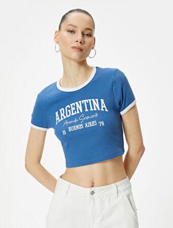 Argentina Crop Tişört Biyeli Baskılı Kısa Kollu Bisiklet Yaka Pamuklu