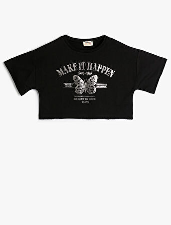 Crop Tişört Slogan Baskılı Kısa Kollu Bisiklet Yaka Pamuklu