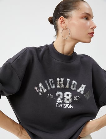 Kolej Sweatshirt Şardonlu Dik Yaka Uzun Kollu Rahat Kesim