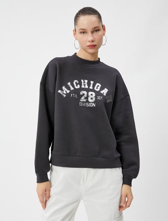 Kolej Sweatshirt Şardonlu Dik Yaka Uzun Kollu Rahat Kesim