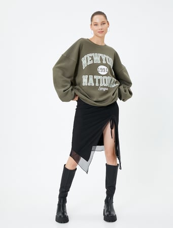 Kolej Sweatshirt Şardonlu Rahat Kalıp Uzun Baskılı Pamuklu