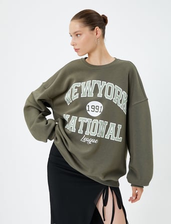 Kolej Sweatshirt Şardonlu Rahat Kalıp Uzun Baskılı Pamuklu